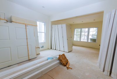 Interior construction of housing project with door and molding installed construction materials